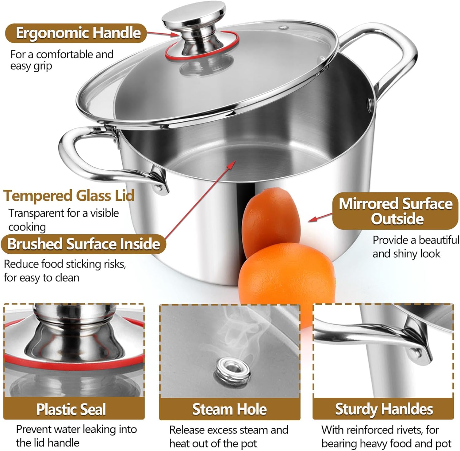 P&P CHEF 8 Quart Tri-Ply Stainless Steel Stock Pot, 8 Qt Stockpot Pasta Cooking Pot with Visible Lid for Soup Vegetable, Induction Cookware for All Stoves, Sturdy & Double Handle, Dishwasher Safe