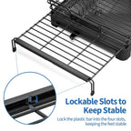 TOOLF Extendable Dish Drying Rack, 2 in 1 Multifunction Dish Rack for Kitchen Counter, Expandable Dish Drainer Over Sink, Large Plate Strainer with Drainboard & Cups Holder, Black