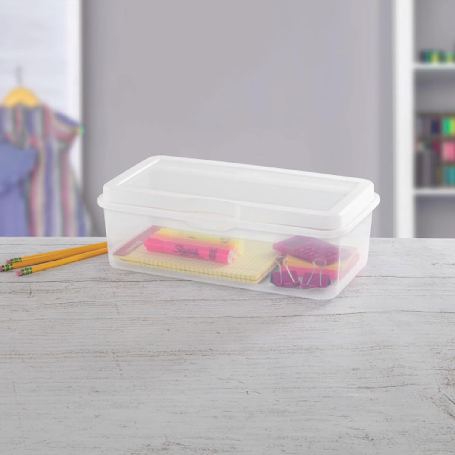 Sterilite 6-Pack Rectangular Large FlipTop, Clear Plastic Storage Box with Hinged Lid - Stackable Multipurpose Organizer for Art and Craft Supplies, Accessories, Photos & CDs, Home or Office Use