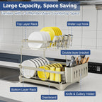 Dish Drying Rack 2-Tier Dish Racks for Kitchen Counter, Adjustable Spout Auto-Draining Dish Rack, Large Capacity for Plates, Bowls, Cups, Tableware, Dish Drainer with Drainboard,Grey