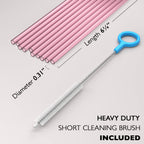 10 Short Reusable Hard Pink Plastic Drinking Straws, Medium Width + Sturdy Cleaning Brush - for Cocktails, Small Cups, Kids Drinks - Dishwasher Safe BPA Free
