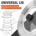 Universal Lids with Tempered Glass Top Fits 6, 7, 8 & 8.2, 9, 10, 11, 12, 12.5 Inch Cookware, Replacement Frying Pan Cover for Pots, Pans and Skillets, Cast Iron Lids for Space Saving