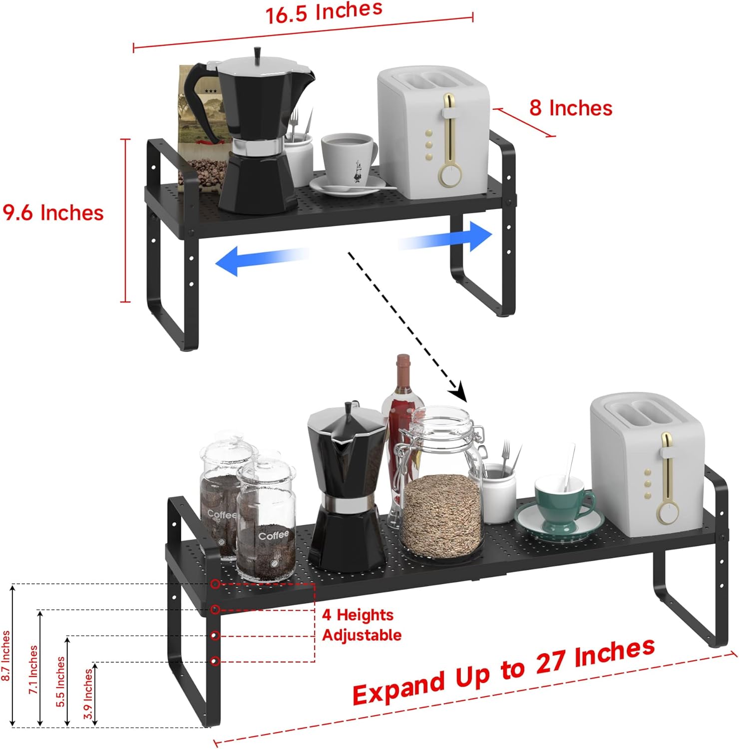 Expandable Cabinet Shelf Organizer Adjustable Metal Spice Rack Stackable Freestanding Counter Storage Shelves for Kitchen Cabinet Under Sink Office Desk (Black - 1Pack - L16.5-27'' * W8'' * H9.6'')