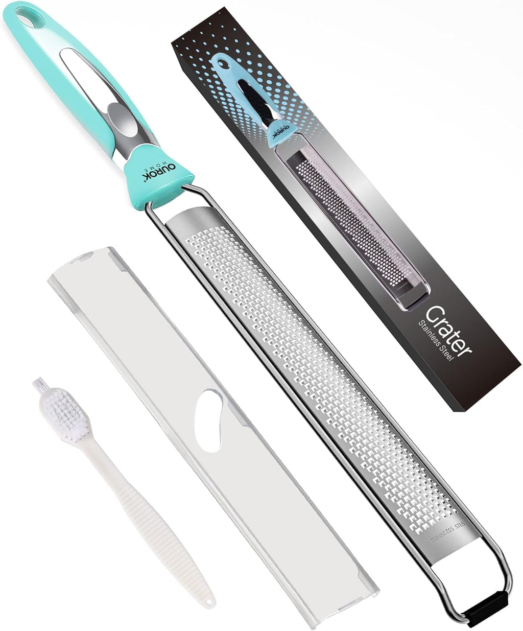 Ourokhome Kitchen Lemon Zester, Stainless Steel Hand Held Parmesan Cheese Grater for Ginger, Chocolate, Coconut, Lime, Nutmeg, Citrus, Fruit, Vegetable with Cleaning Brush, Dishwasher safe, Blue