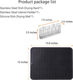Stainless Steel Dish Drying Rack(15.2"L X 13"W X 5.8"H), Expandable Fruit & Vegetable Drain Rack over Sink, Dish Drainer Rack in Sink, with Stainless Steel Utensil Holder & Silicone Mat(16")