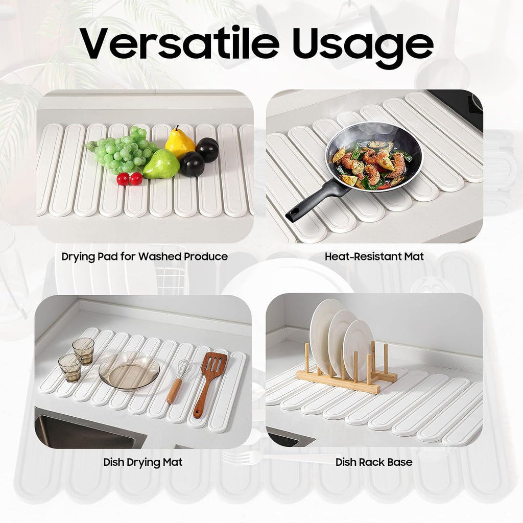 Stone Dish Drying Mat for Kitchen Counter, Quick Dry Stone Mat Kitchen for Dishes Bottles Cups, Large Foldable Diatomaceous Earth Dish Drying Mats Match Any Countertop, White