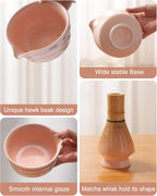 Matcha Whisk Set, Ceramic Matcha Set Includes Matcha Bowl, Matcha Whisk and Holder, Bamboo Scoop, Scoop Rest, Sifter and Tea Towel - 7 Pcs Matcha Kit(Pink)
