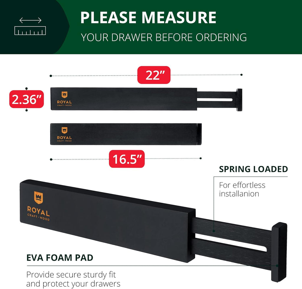 ROYAL CRAFT WOOD Adjustable Bamboo Drawer Dividers – Expandable Organizer for Kitchen, Bedroom, Bathroom, Dresser & Office – 4-Pack 17-22", Black