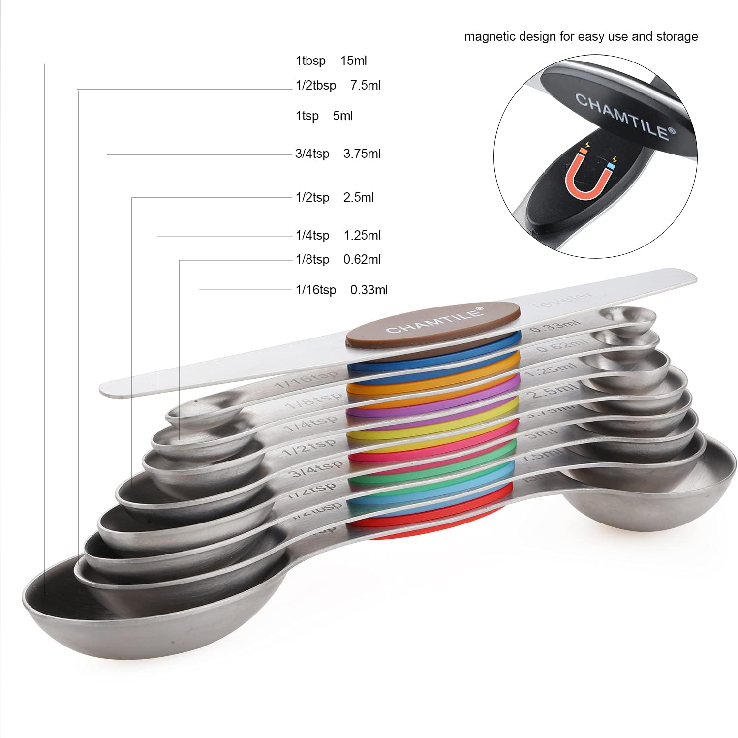 Magnetic Measuring Spoons Set Stainless Steel Dual Sided Stackable Teaspoon Tablespoon Nesting Measuring Spoon for Measuring Dry and Liquid Ingredients Color
