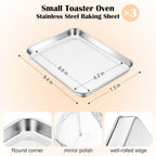 E-far 3 Pack Toaster Oven Trays, 9.4”x7.3” Stainless Steel Small Baking Cookie Sheets, Mini Non-toxic Metal Baking Pans for Cake, Healthy & Rust Free, Mirror Finish & Dishwasher Safe