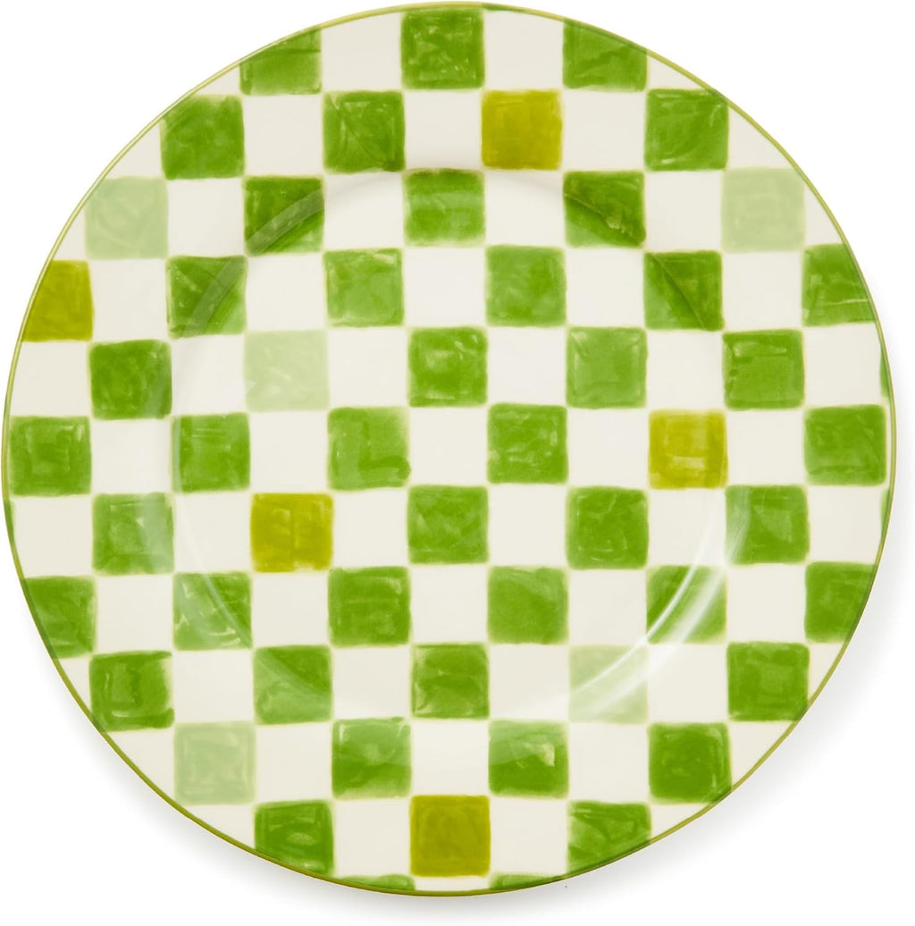 MACKENZIE-CHILDS Round Platter, Dishwasher-Safe and Microwave-Safe Stoneware Serving Platter, Green Check