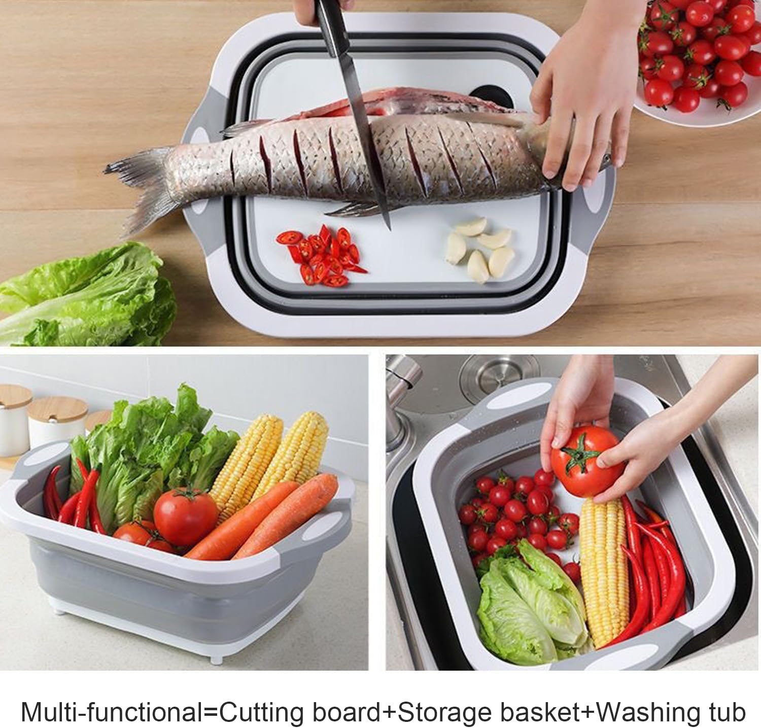 Camping Collapsible Cutting Board Dish Basin BBQ Prep Tub Camp Sink Dish Washing Station Multifunctional Storage Basket(Grey green)