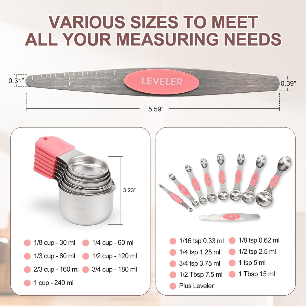 16-Piece Stainless Steel Measuring Cups and Spoons Set, Strong Magnetic Nesting Design 7 Cups 8 Spoons with Leveler, Double Measurement Markings for Dry & Liquid Ingredients, Pink