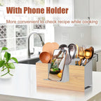 Utensil Holder Large Iron Flatware Container with 3 Compartments Countertop Wall-mounted Kitchen Utensil Storage (White)