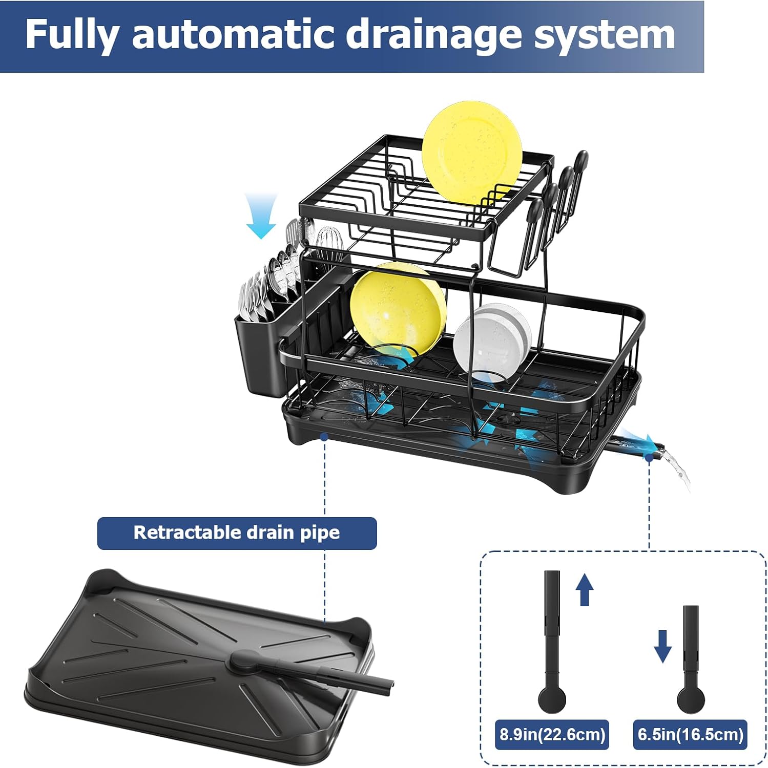 Dish Drying Rack 2-Tier Dish Racks for Kitchen Counter, Adjustable Spout Auto-Draining Dish Rack, Large Capacity for Plates, Bowls, Cups, Tableware，Dish Drainer with Drainboard,Black