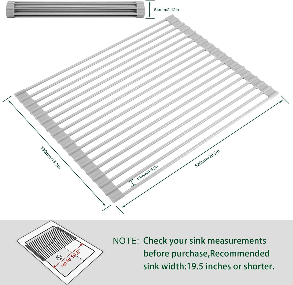 Roll Up Dish Drying Rack Over The Sink Kitchen Roll Up Sink Drying Rack Multipurpose Foldable Sink Drying Mat, Heat-Resistant, Anti-Slip & Anti-Rust Dish Rack for Kitchen, 20.5" x 13", Grey
