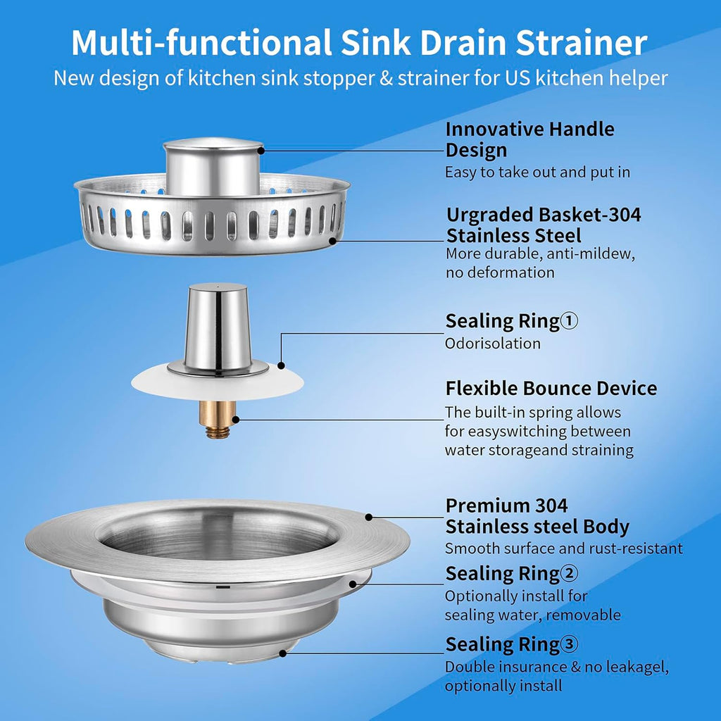 Upgraded 3 in 1 Kitchen Sink Drain Strainer - Stainless Steel Sink Stopper, Anti-Clogging Sink Food Catcher Basket, Fast Drainage Odor Filter Sink Plug for US Standard 3 1/2 inch Drain (Silver-2Pack)