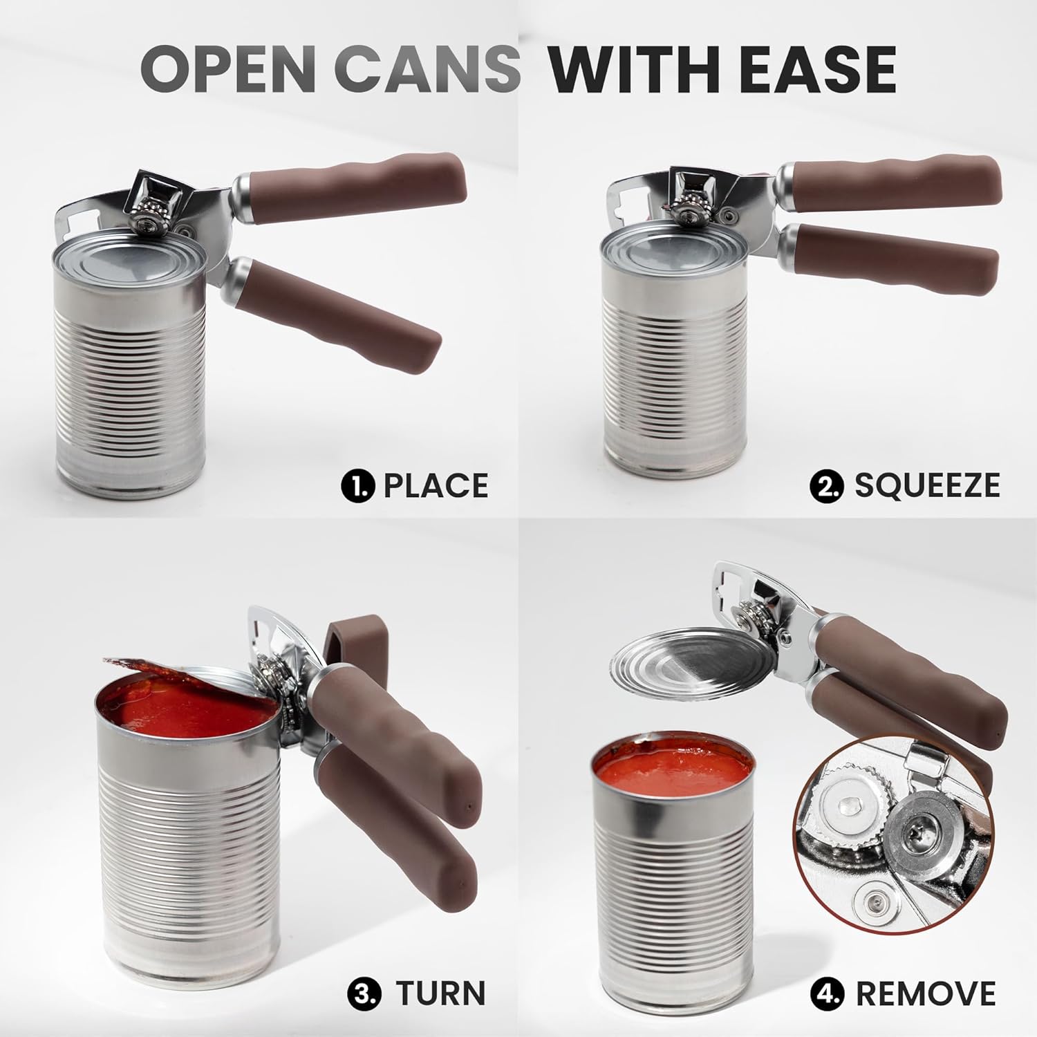 Zulay Kitchen Heavy Duty Stainless Steel Can Opener Manual with Bottle Opener - Rust Proof Manual Can Opener With Turn Knob & Comfy Soft Grip Handles - Brown