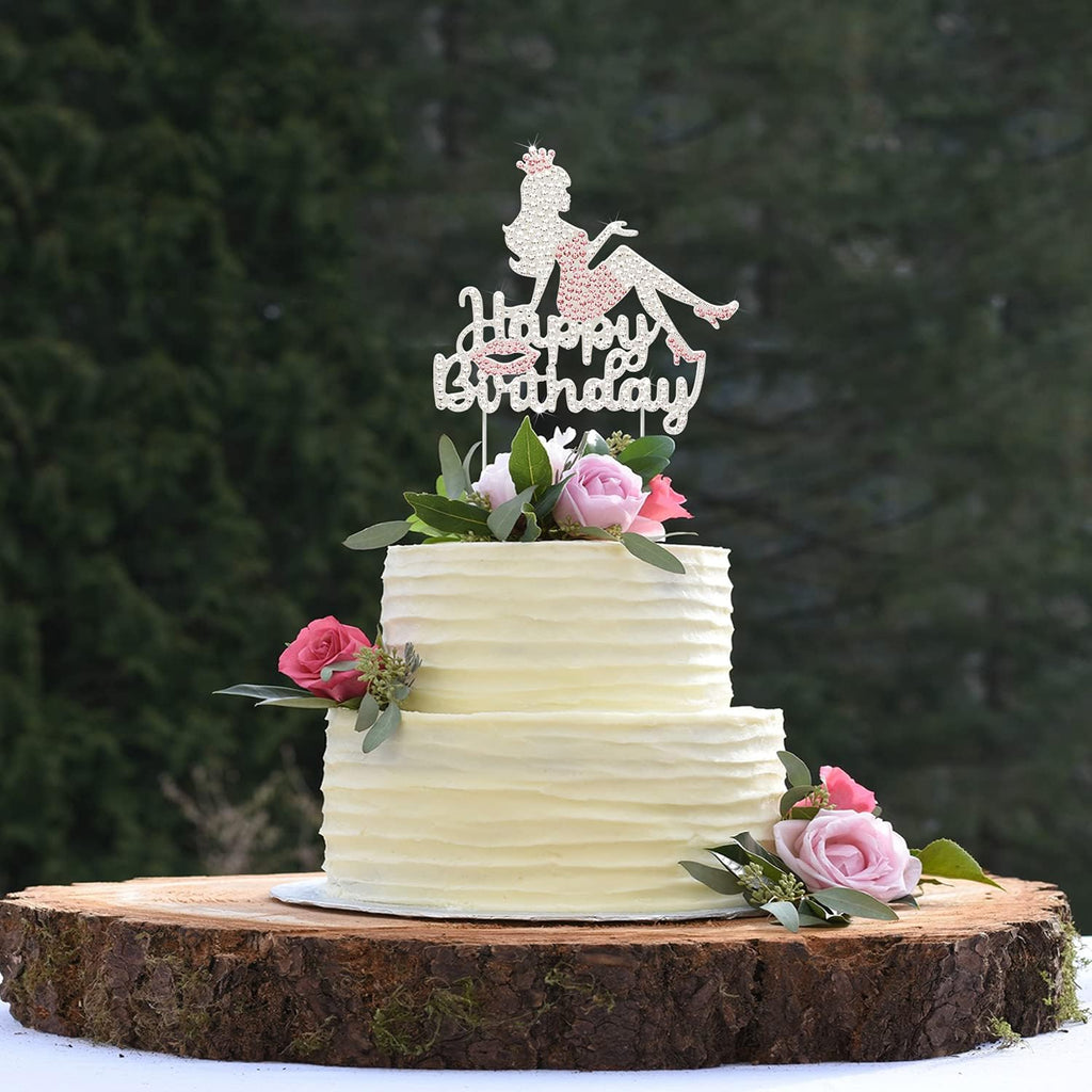 LINGTEER Happy Birthday Crown Queen Lady Rhinestone Cake Topper - Cheers to Makeup Spa Birthday Party Cake Centerpieces Decorations Gift Sign - Pink.