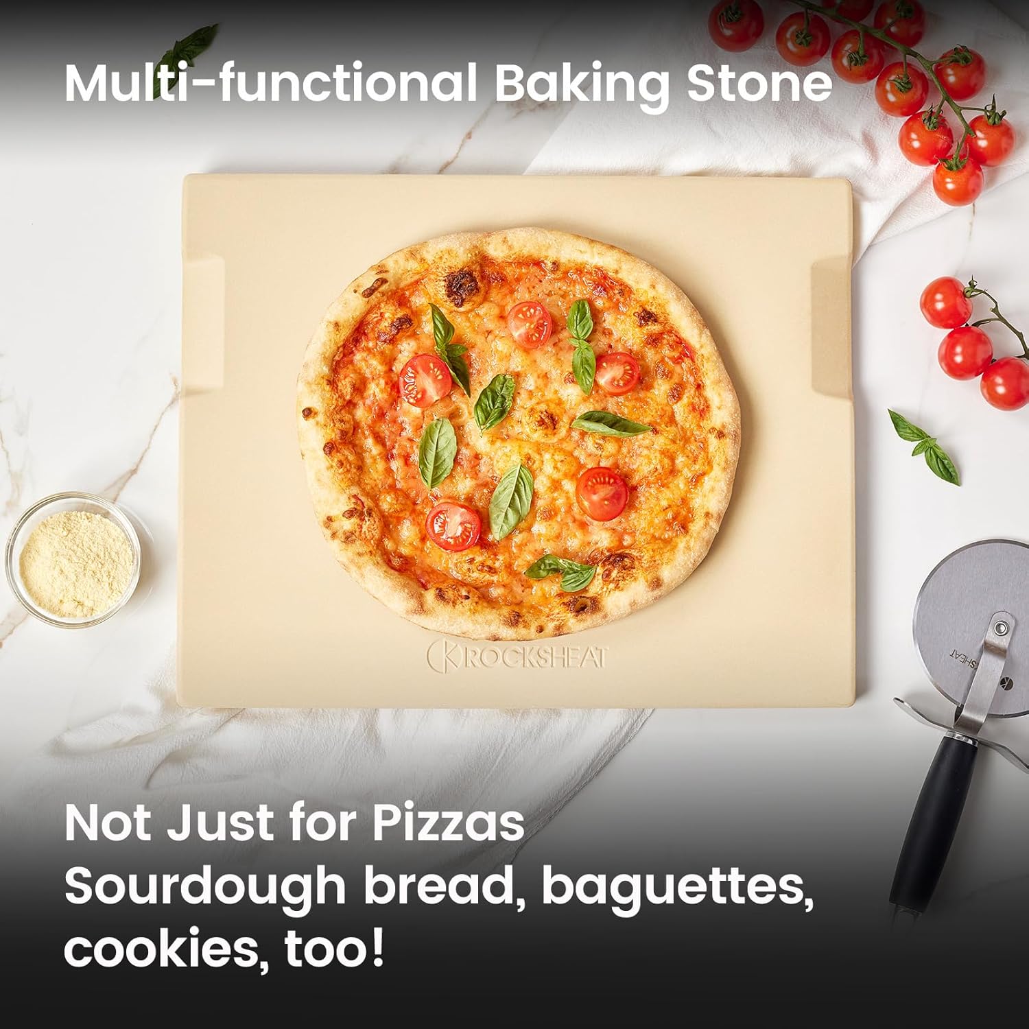 Pizza Stone, 15"x12" Rectangular Pizza Stone for Oven Grill BBQ, Cordierite Baking Stone for Bread, Unique Built-in 4 Handles Cooking Stone