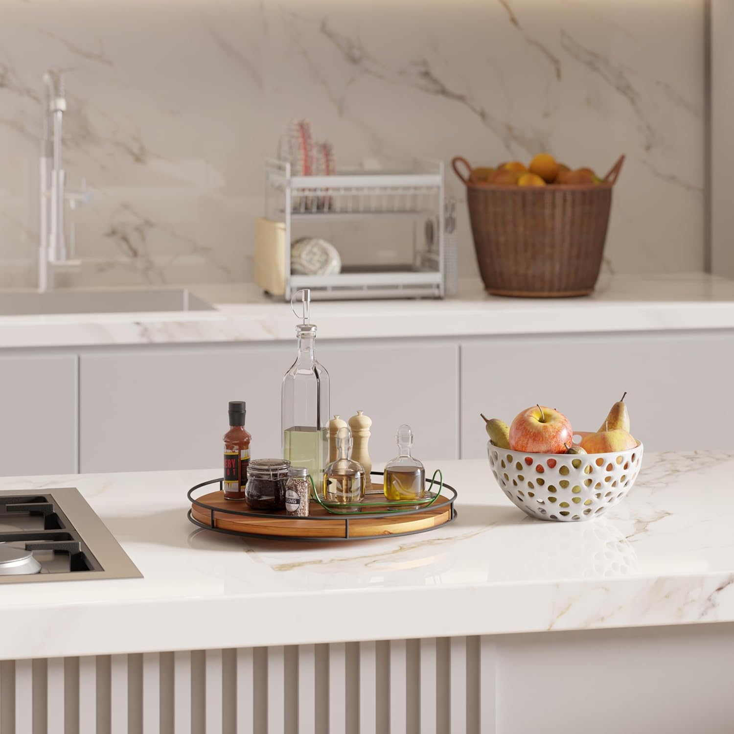 16" Acacia Wood Lazy Susan Turntable with Metal Frame - Large Lazy Susans Organizer Countertop Storage - Wooden Serving Tray for Charcuterie Cheese Board - Kitchen Counter Rotating