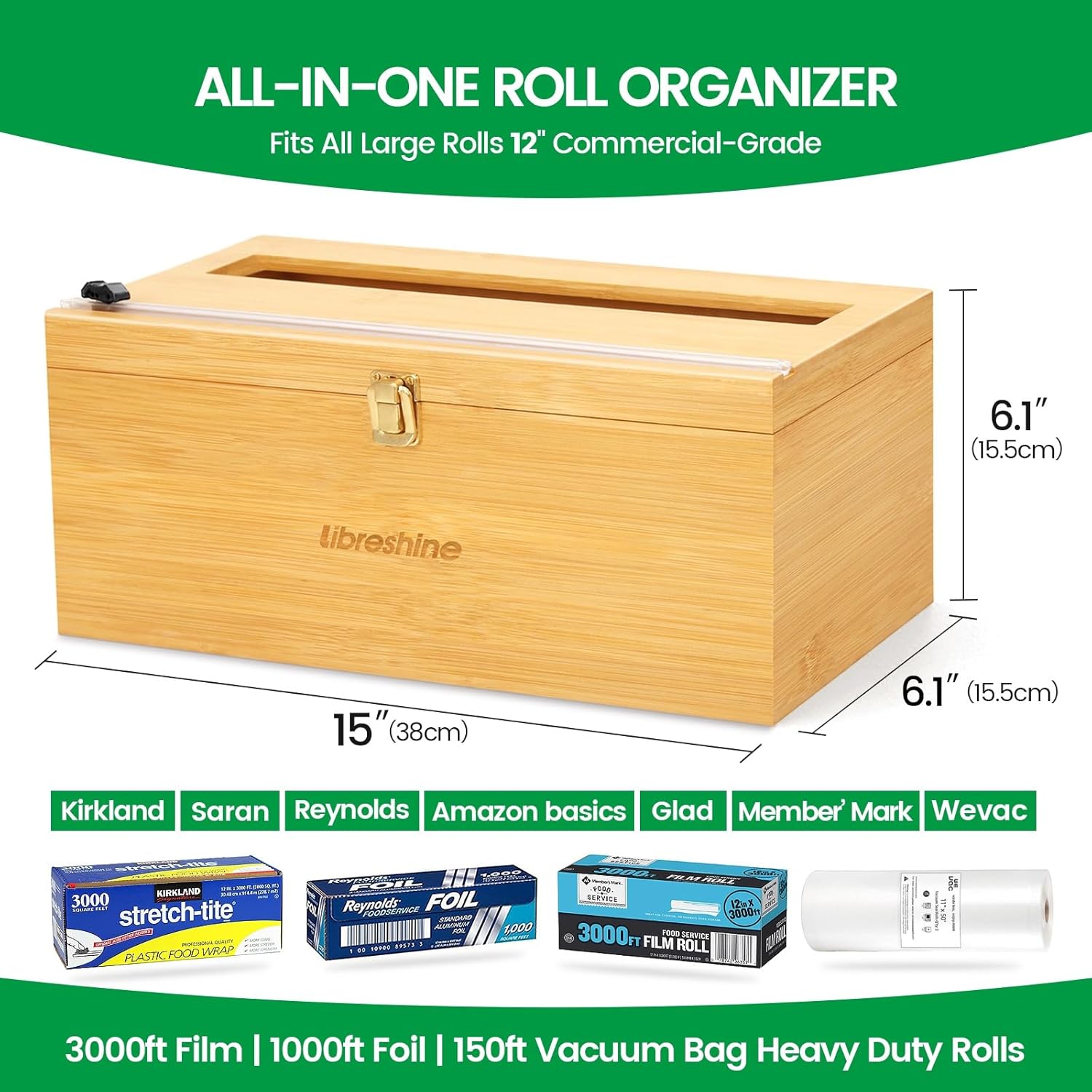 12" Commercial Plastic Wrap Dispenser with Cutter & Roller - Heavy-Duty Holder for 3000ft Film, 1000ft Foil Roll, Fits Costco Saran Wrap - Restaurant, Kitchen & Foodservice Storage