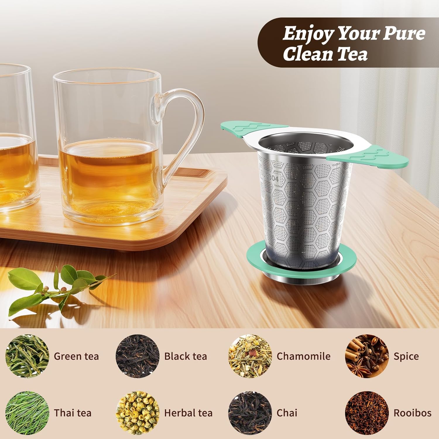 Tea Infuser for Loose Leaf Tea,18/8 Stainless Steel Tea Infuser with Heat Proof Silicone Handles,Extra Fine Mesh Tea Strainers Filter Fine Tea Leaves Effectively,Fits TeaPots/Mugs-Green