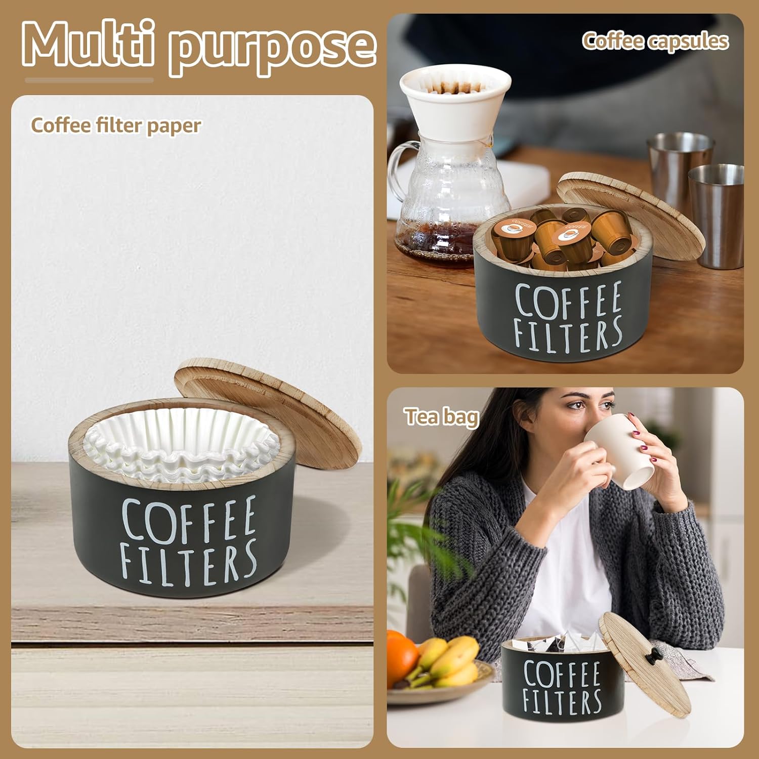 Wooden Coffee Filter Holder & Storage Organizer - Large Capacity Rustic Coffee Filter Dispenser with Bamboo Lid, Multipurpose Coffee Pod & Filter Basket for Bar Counter, Kitchen, or Coffee Bar Decor