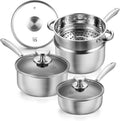 KOCH SYSTEME CS Hybrid Nonstick Stainless Steel Saucepan Set with Steamer Insert, 7PCS Triply Stainless Steel Pot Set 1Qt, 2Qt & 3Qt, 18/10 Steel Sauce Pan Set with Lids, Induction & Oven Safe