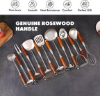 18/10 Stainless Steel Kitchen Utensils Set with Wooden Handle - 14 PCS Metal Cooking Tools & Serving Utensil, Large and Small Spoons Set - Whisk, Masher, Fork, Spatula, Turner, Ladle, Skimmer, Pasta