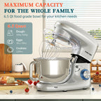 CHeflee Stand Mixer,660W 6+P With 6.5QT Stainless Steel Bowl,Dough Hook, Wire Whip & Beater,for Most Home Cooks,Silver