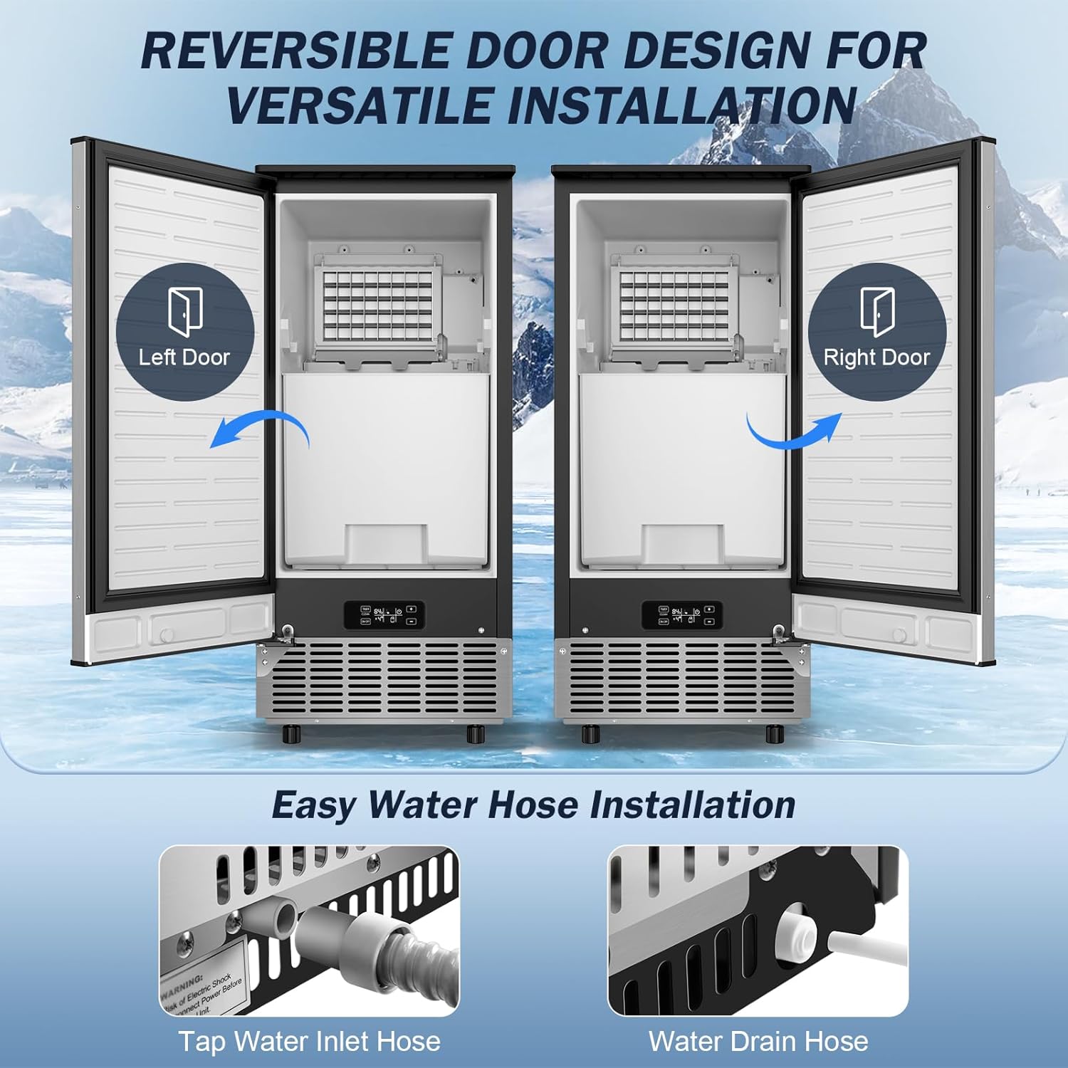Under Counter Ice Maker Machine Commercial - 120LBS/24H with 30lbs Ice Storage Bucket & Reversible Door, Built-in Freestanding Ice Machine, Automatic Cleaning/24 Hours Timer, For Home & Commercial Use