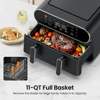 11-QT Large Air Fryer - 8 in 1 XL Airfryer with Flex Basket, Divider for Dual Cooking, Preheat, Air Fry, Roast, Broil, Bake, Reheat, Dehydrate, French Fries, Dishwasher Safe, Black