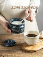 Gomakren Sugar Bowl with Lid and Spoon, Sugar Container Sugar Dish 10oz, Ceramic Sugar Jar for Coffee Bar, Kitchen, Countertop - Modern Farmhouse Kitchen Christmas Decor, Blue
