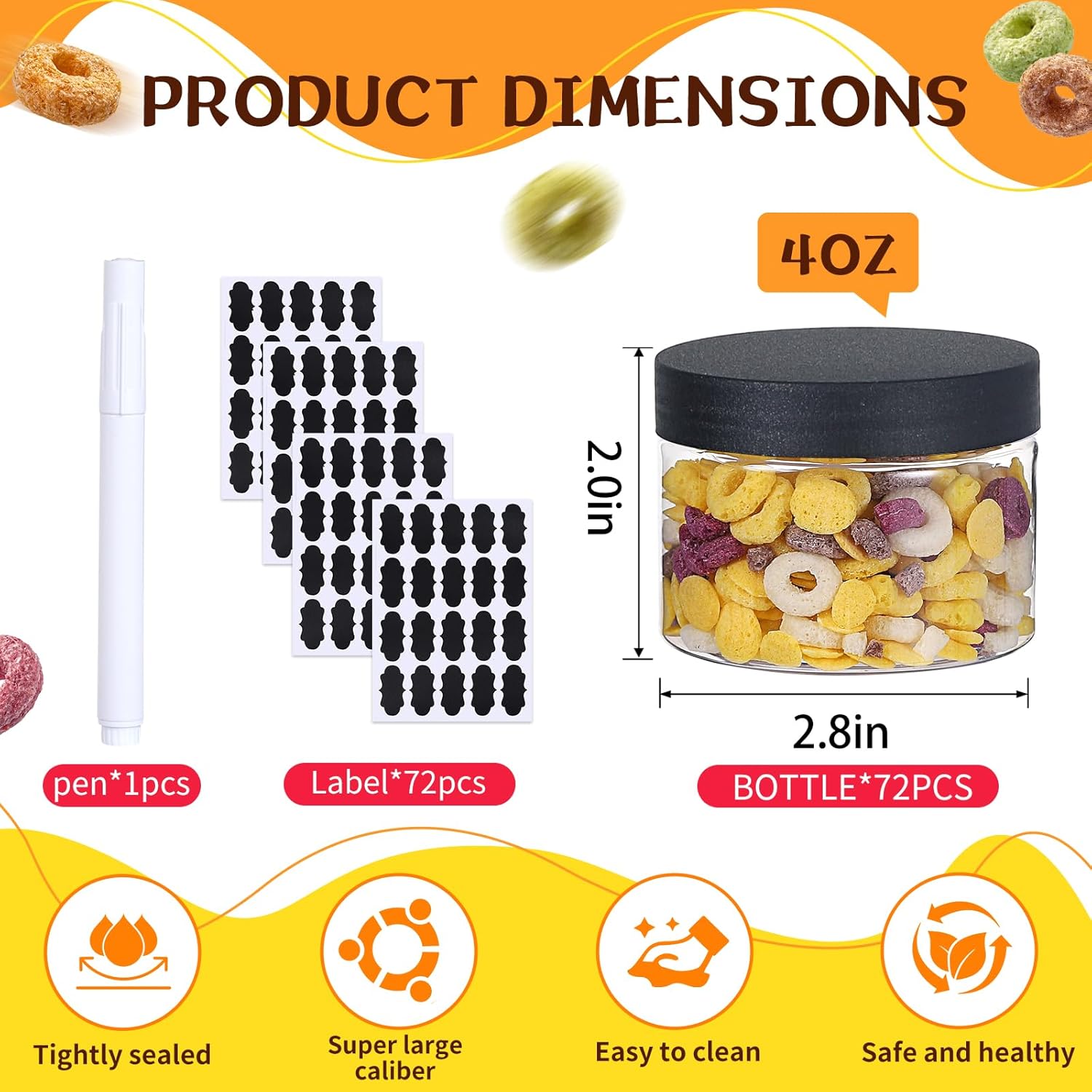 72pcs 4 oz Plastic Containers with Lids Labels Leak Proof BPA Free Airtight Refillable Clear Small Containers Storage Jars for Storing Dry Food Slime Honey Jam,black