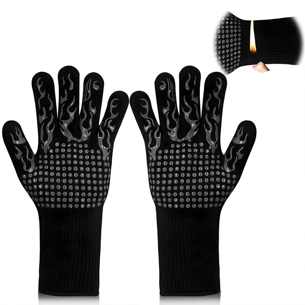 1 Pair Grill Oven Mitts, 1472°F Heat Resistant BBQ Gloves for Cooking, Non-Slip Silicone Oven Gloves, Barbecue Grill Gloves BBQ Mitts (Black-Flame Pattern)