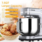 Garvee 7.5QT Stand Food Mixer, 10-Speed Tilt Head 3-IN-1 Kitchen Electric Mixer with Stainless Steel Bowl, Egg Whisk, Dough Hook, Beater, Splash Guard, Compact Dough Mixer for Home Cooks, Silver