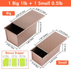 Beasea Pullman Loaf Pan with Lid, 2 Pack Non-Stick Bread Loaf Pans for Homemade Bread 1 lb & 0.5 lb Carbon Steel Bread Toast Box with Dough Scraper for Bread Toast Oven Baking - Rose Gold