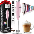 Zulay Kitchen Powerful Double Whisk Milk Frother Handheld - Foam Maker With Stand - Whisk Drink Mixer for Coffee, Mini Foamer for Latte, Matcha, Frappe, Hot Chocolate & Cappuccino - Pink