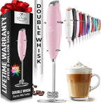 Zulay Kitchen Powerful Double Whisk Milk Frother Handheld - Foam Maker With Stand - Whisk Drink Mixer for Coffee, Mini Foamer for Latte, Matcha, Frappe, Hot Chocolate & Cappuccino - Pink