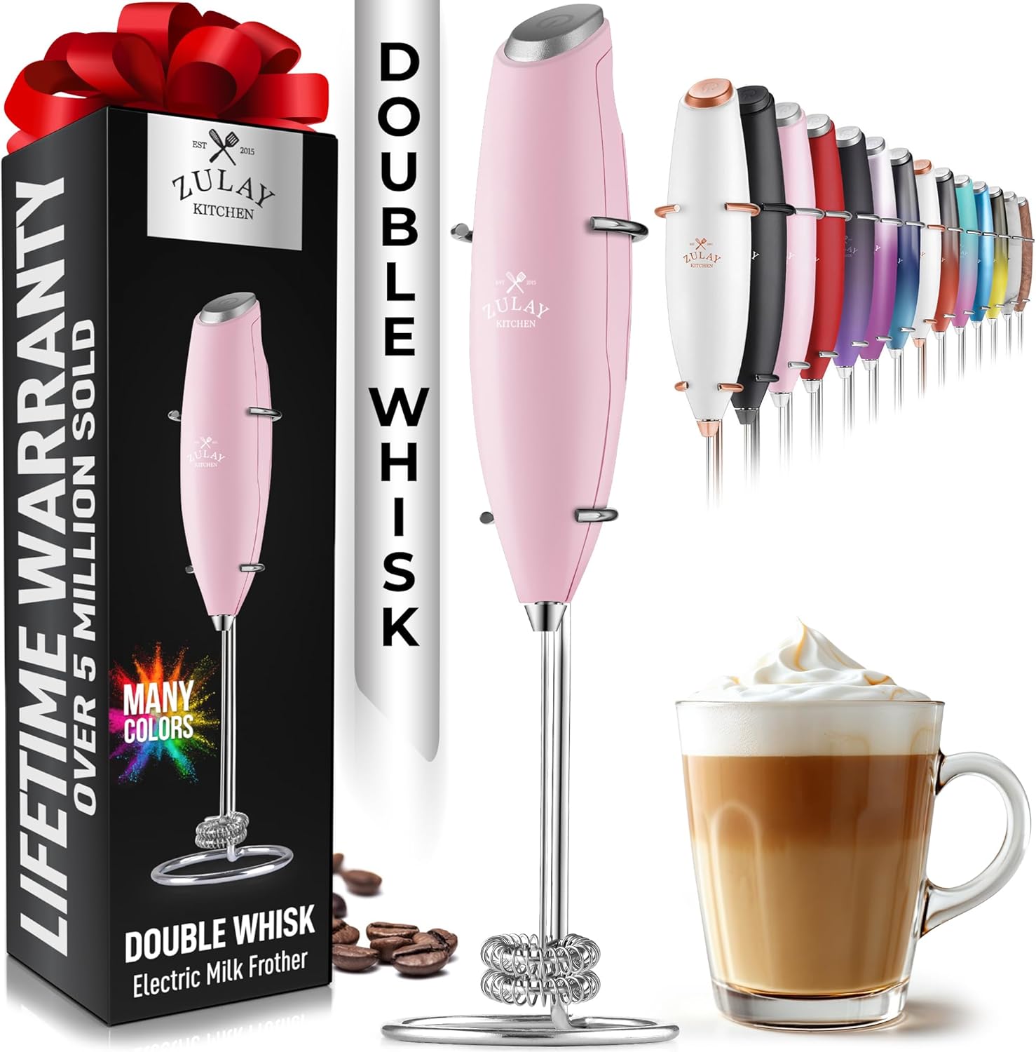Zulay Kitchen Powerful Double Whisk Milk Frother Handheld - Foam Maker With Stand - Whisk Drink Mixer for Coffee, Mini Foamer for Latte, Matcha, Frappe, Hot Chocolate & Cappuccino - Pink