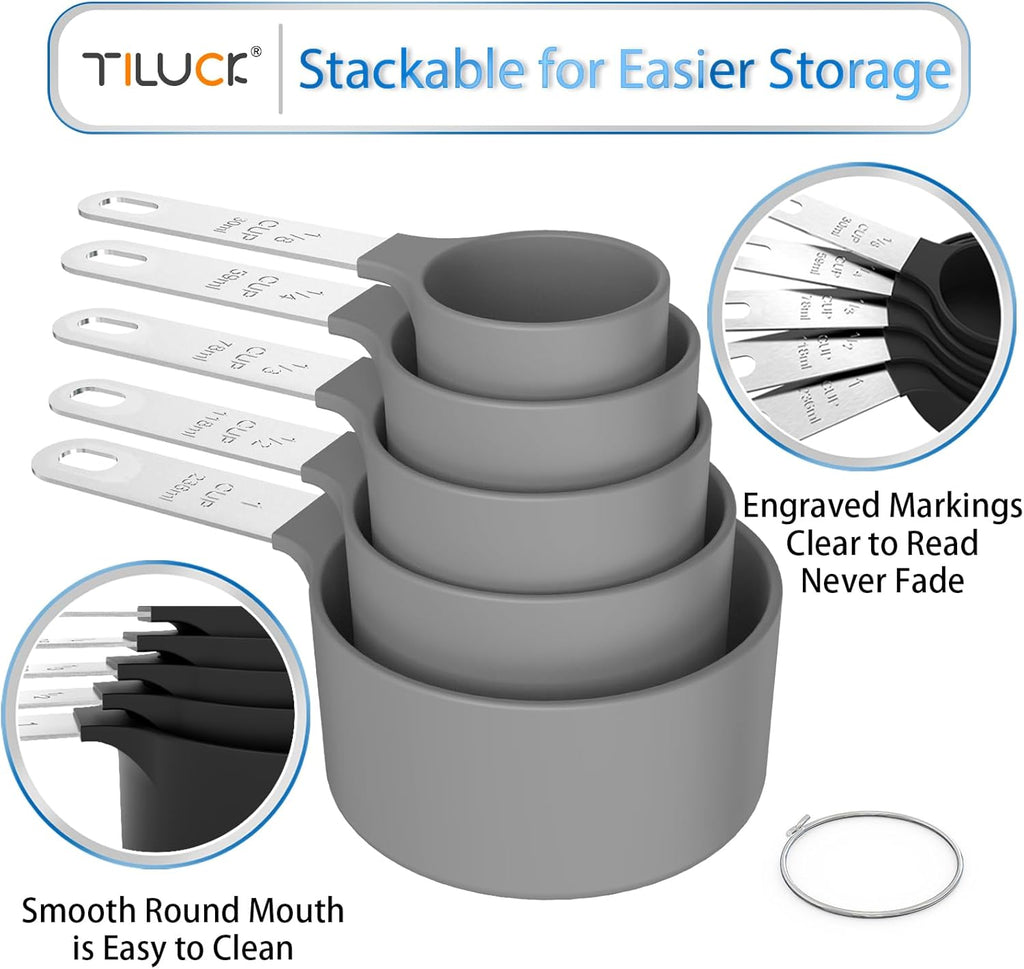 TILUCK Measuring Cups & Spoons Set, Stackable Cups and Spoons, Nesting Measure Cups with Stainless Steel Handle, Kitchen Gadgets for Cooking & Baking (Gray)