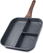 Sensarte Nonstick 11-Inch Square Grill Pan, 3-Section Versatile Breakfast Skillet, Die-cast Aluminum, PFOA, PFOS, APEO Free, Induction, Gas, Electric, Glass, Ceramic