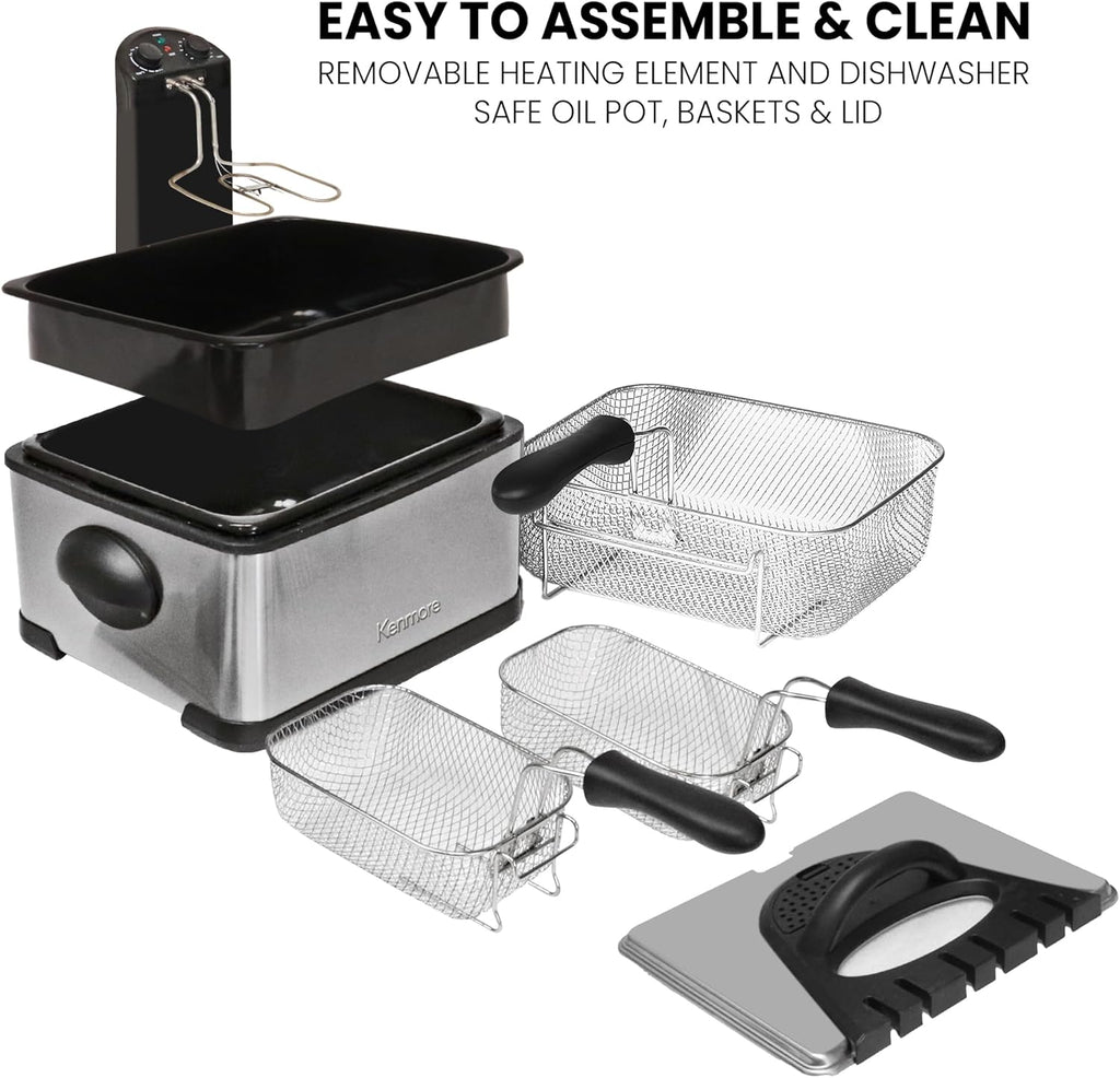 Kenmore Electric Deep Fryer - Grease & Odor Filtration, Simple Temperature Control, Eléctrica Freidoras For Home Use, 3 Baskets For Frying French Fries, Chicken Wing, 4 Liter Capacity Stainless Steel