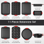 11-Piece Nonstick Stackable Baking Pans Set, Toxin-Free Bakeware Sets, Baking Pan Set with Silicone Handles, Includes Cookie Sheets, Loaf Pan, Pizza Pan, Muffin Pan, Red&Black