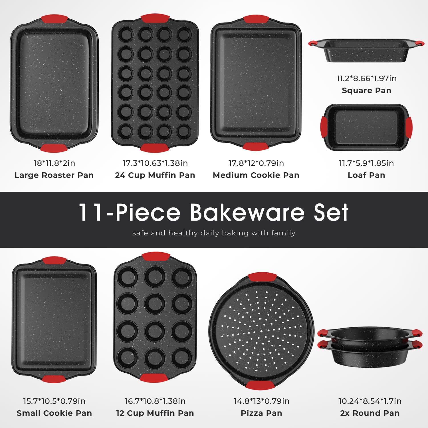 11-Piece Nonstick Stackable Baking Pans Set, Toxin-Free Bakeware Sets, Baking Pan Set with Silicone Handles, Includes Cookie Sheets, Loaf Pan, Pizza Pan, Muffin Pan, Red&Black
