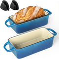2 IN 1 Cast Iron Bread Loaf Pan with Lid, 3.4QT 9x5 Inch Dutch Oven for Bread Baking, Even Heating Bread Oven, Enameled Bread Pan for Homemade Sourdough Bread Baking & Versatile Cooking, Blue