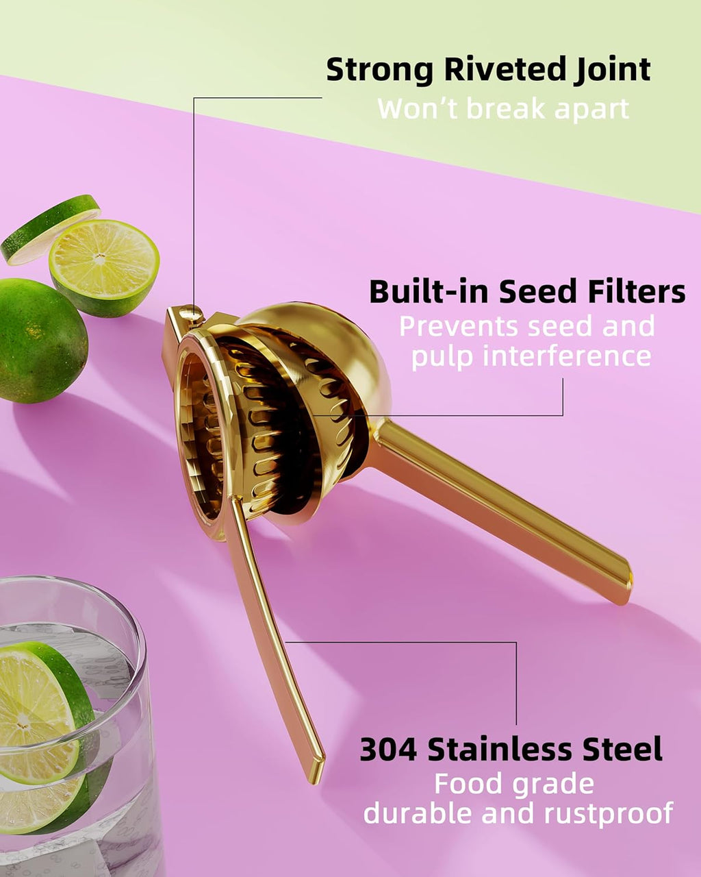 Lemon Squeezer Stainless Steel - Heavy Duty Solid Metal Squeezer Bowl - Large Manual Citrus Press Juicer and Lime Squeezer - 2 in 1 hand Juicer - Store Juice -No Splashing-Gold