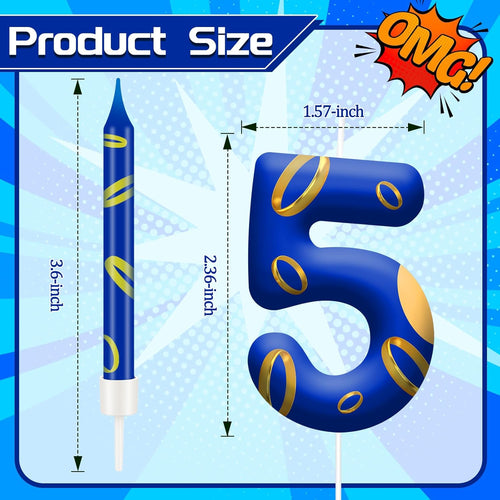 13PCS Birthday Cake Candles Set - Blue and Golden Ring Number Candles with Vibrant Designs for Boys & Girls, Theme Birthday Party Decorations, Cake Toppers for Theme Parties(Number 5)