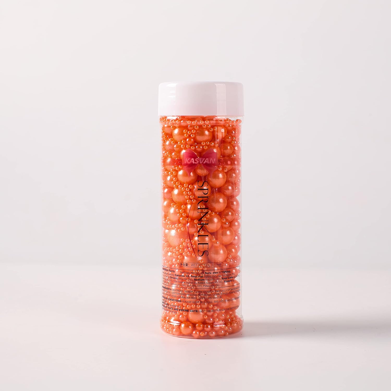 Kasvan Orange Pearl Sugar Sprinkles - Edible Candy Pearls 130g/4.58 Oz, Mix Size, Baking Cake Decorations, Ice Cream Toppings and Cookie Decorating, Wedding Party Chirstmas Supplies